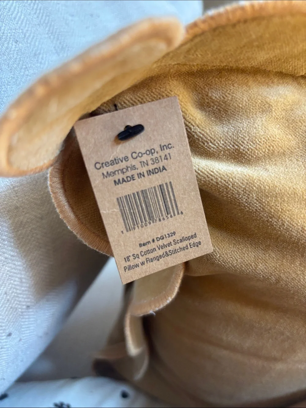 Creative Co-Op Mustard Cotton Velvet Scalloped Flange Throw Pillow 18”NWT